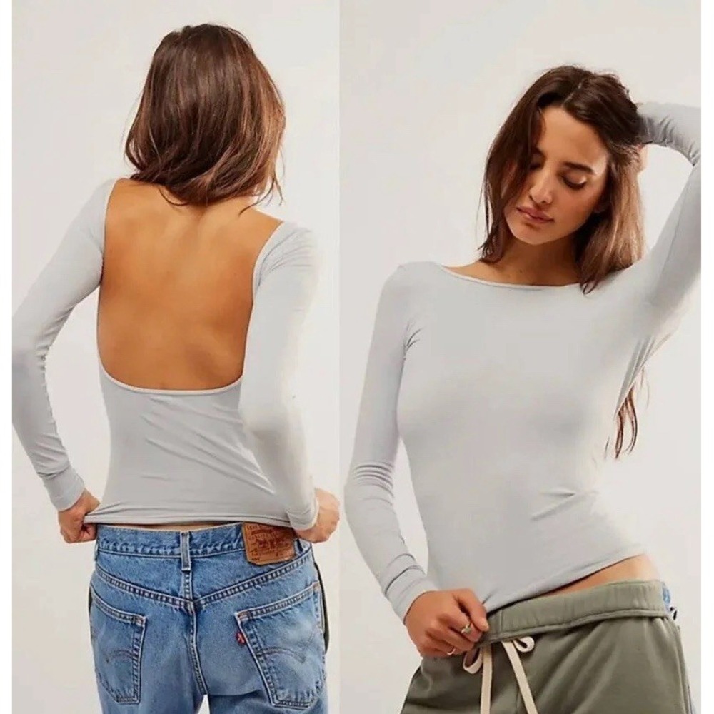 Intimately Free People Low Back Seamless Long Sleeve Lunar Rock Grey M/L NWT